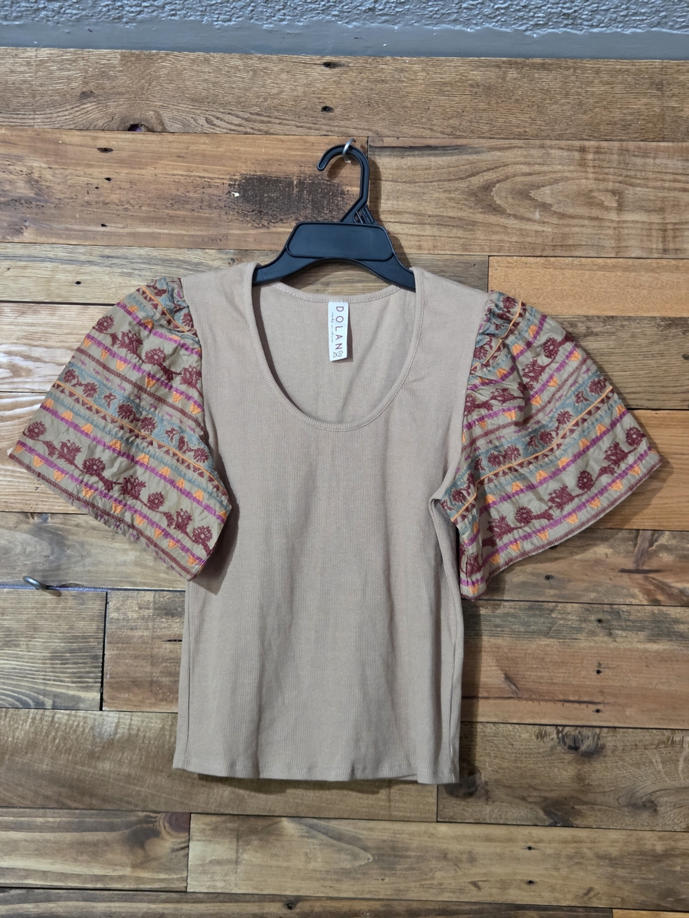 Dolan Beige Ribbed Knit Top Embroidered Flutter Sleeves Boho Hippie Women's XS